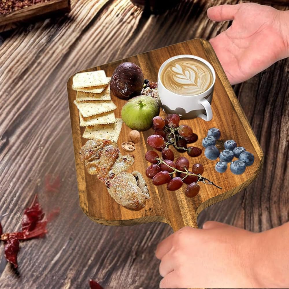 Tabla De Cortar Para Cocina De Madera Acacia Natural Hecha a Mano Con Mango Ergonómico - Duradera Y Resistente Al Desgaste - Ideal Para Carne, Verduras, Pan Y Charcutería - Elegante Y Antibacteriana.
